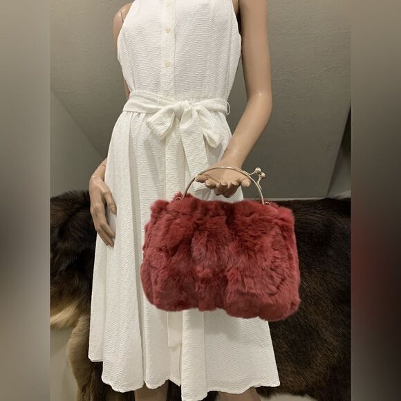Handmade Real Rex Rabbit Fur Kisslock Satchel Bag/ Crossbody - Picture 8 of 13